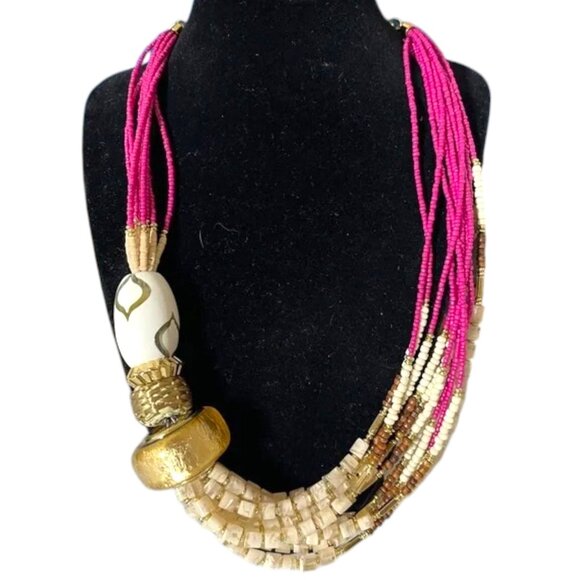 Chico's Multistrand Beaded Necklace With Gold Accents & Pink Rope Detailing - Picture 10 of 11